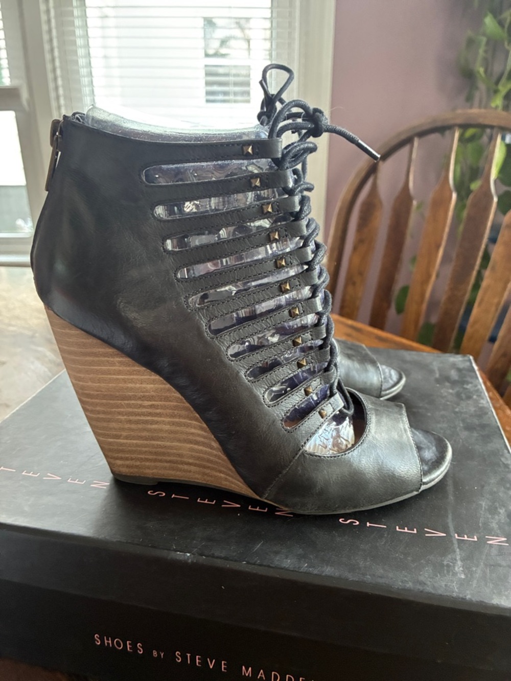 Steve Madden Black Lace-Up Peep-Toe Wedge Booties with Wood-Effect Heel